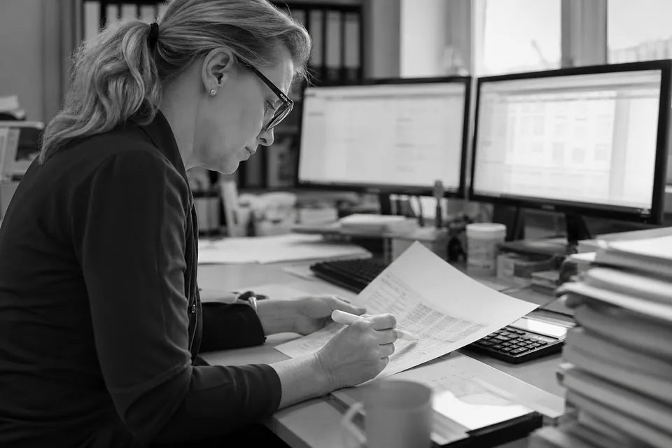 Dyrektorka finansowa analizuje należności po terminie przy biurku