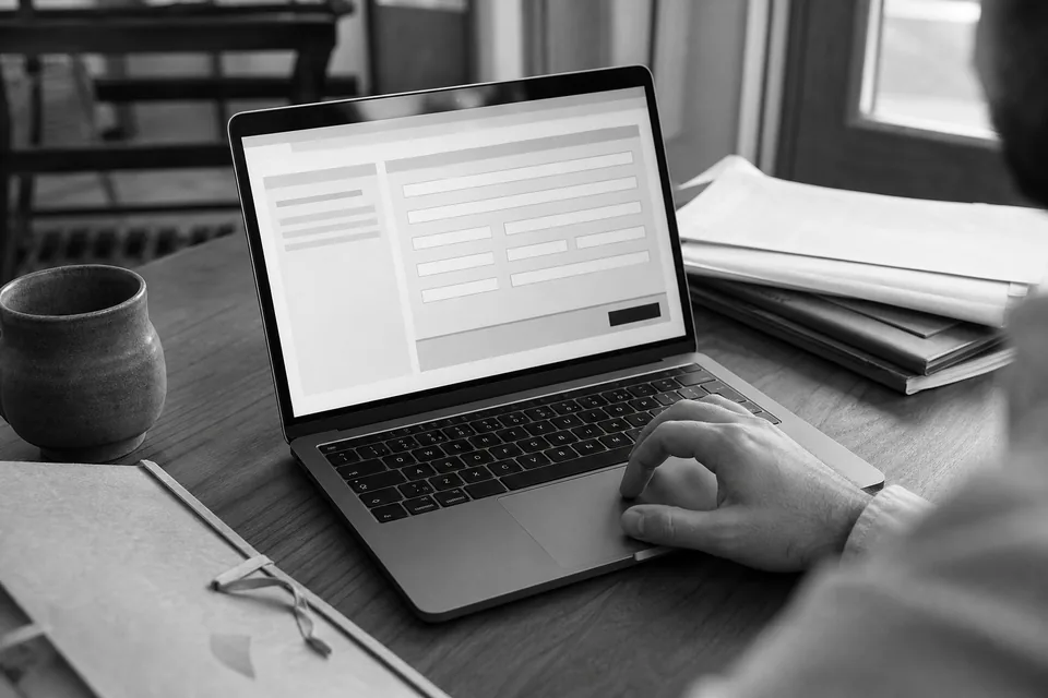 Laptop z otwartym formularzem pozwu w elektronicznym postępowaniu upominawczym
