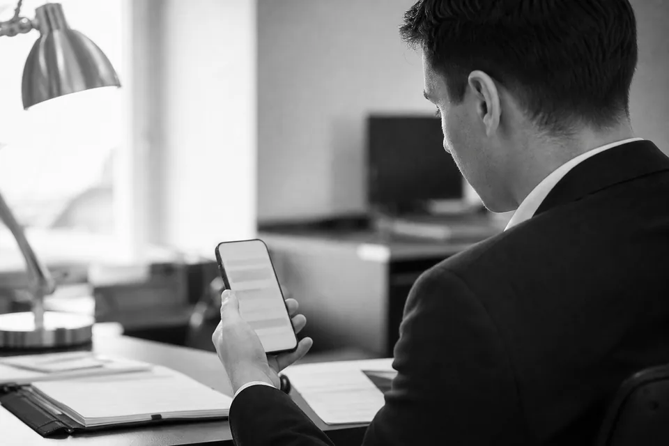 Przedsiębiorca sprawdza status sprawy w e-sądzie na telefonie w biurze