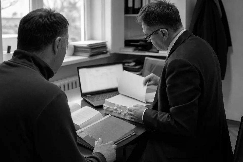 Wierzyciel z prawnikiem przegląda akta sprawy przeciwko spółce w likwidacji przed złożeniem pozwu