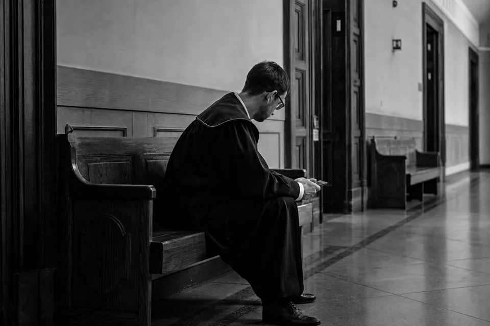 Korytarz sądu rejonowego z ławkami i drzwiami sal rozpraw